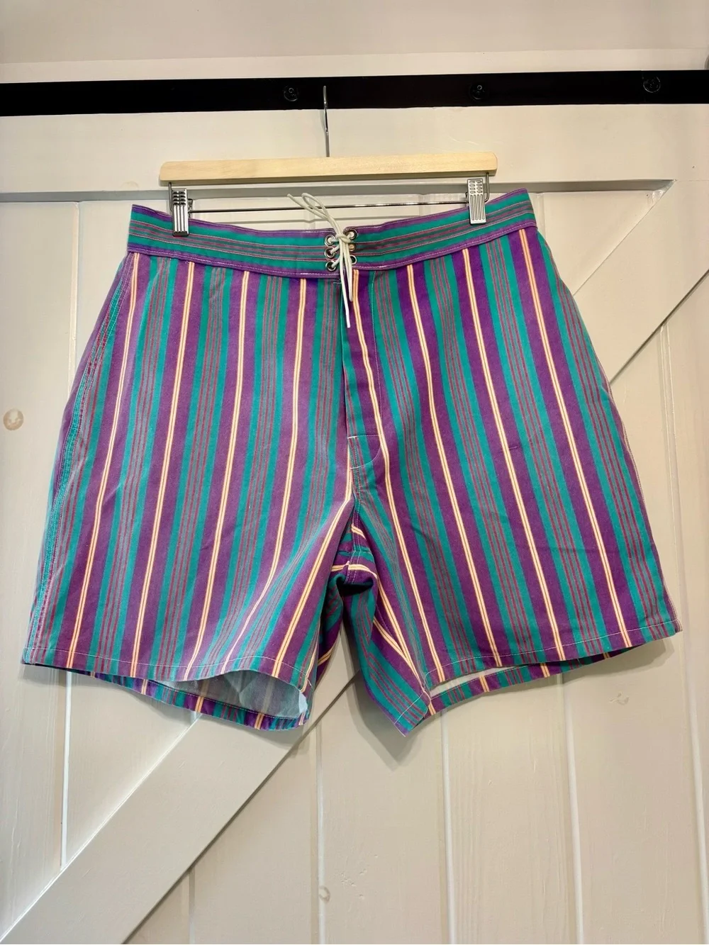 Vintage J Crew Sailing Shorts Purple Green Stripe Lace Up Canvas 36